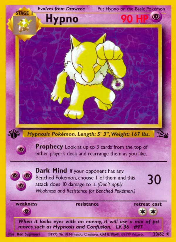 1999 Fossil Hypno #23/62 Rare card image