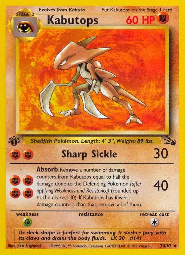 1999 Fossil Kabutops #24/62 Rare card image
