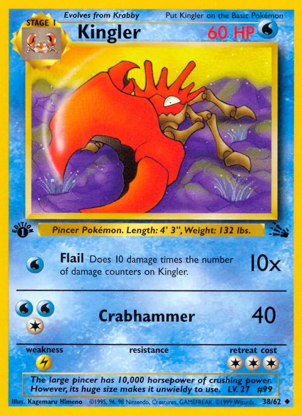 1999 Fossil Kingler Uncommon #38/62 Uncommon card image