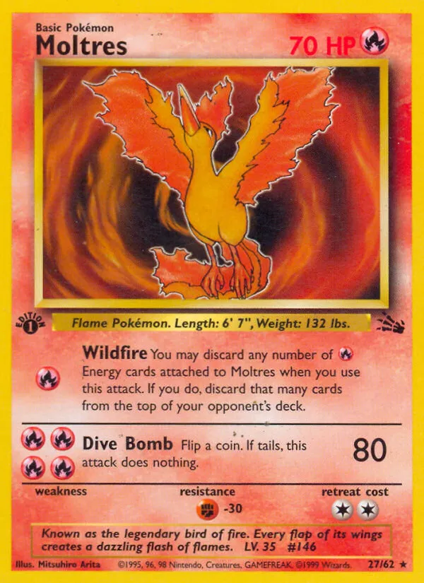 1999 Fossil Moltres #27/62 Rare card image