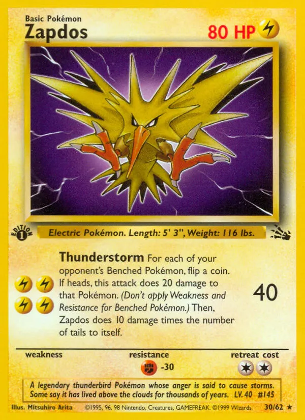 1999 Fossil Zapdos #30/62 Rare card image