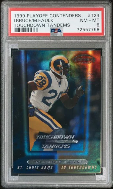 1999 Playoff Contenders Isaac Bruce/Marshall Faulk Touchdown Tandems #T24 card image