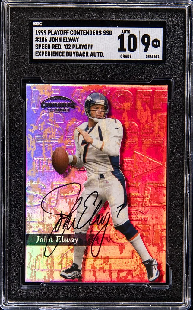 1999 Playoff Contenders John Elway SSD Speed Red '02 Playoff Experience Buy Back Autograph #186 card image