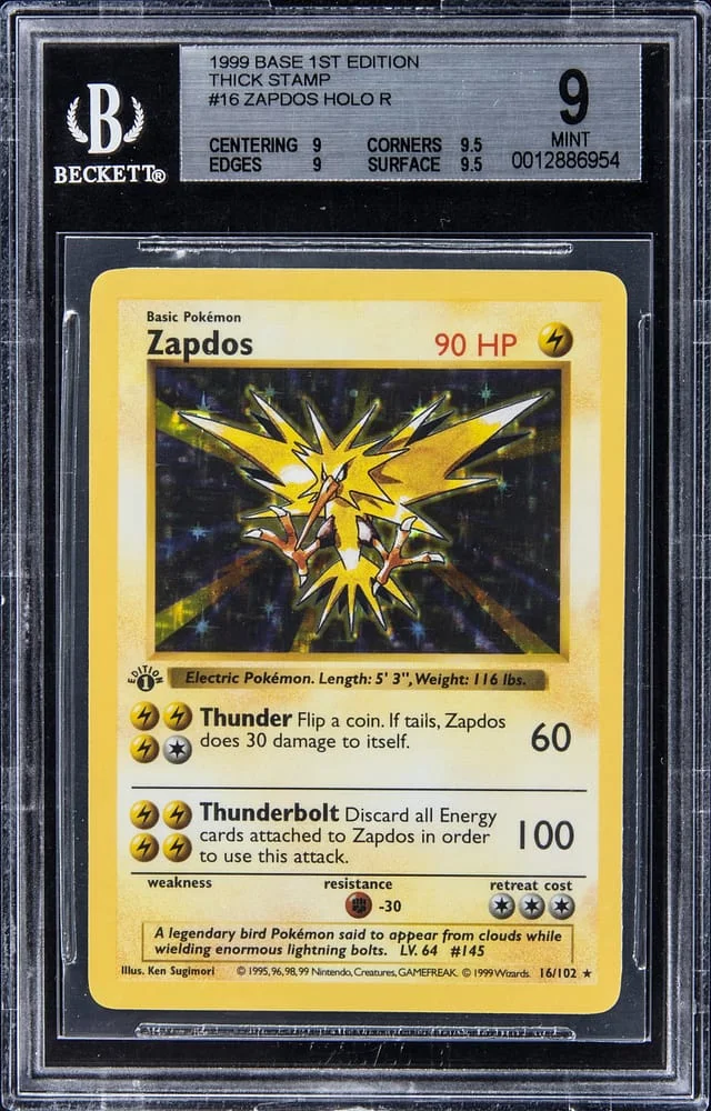 1999 Pokemon Base 1st Edition Thick Stamp Holo Zapdos #16 card image