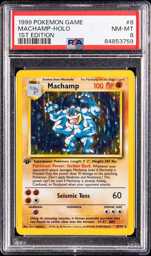 1999 Pokemon Base Set 1st Edition Blue Dot Error Holo Machamp #8 card image