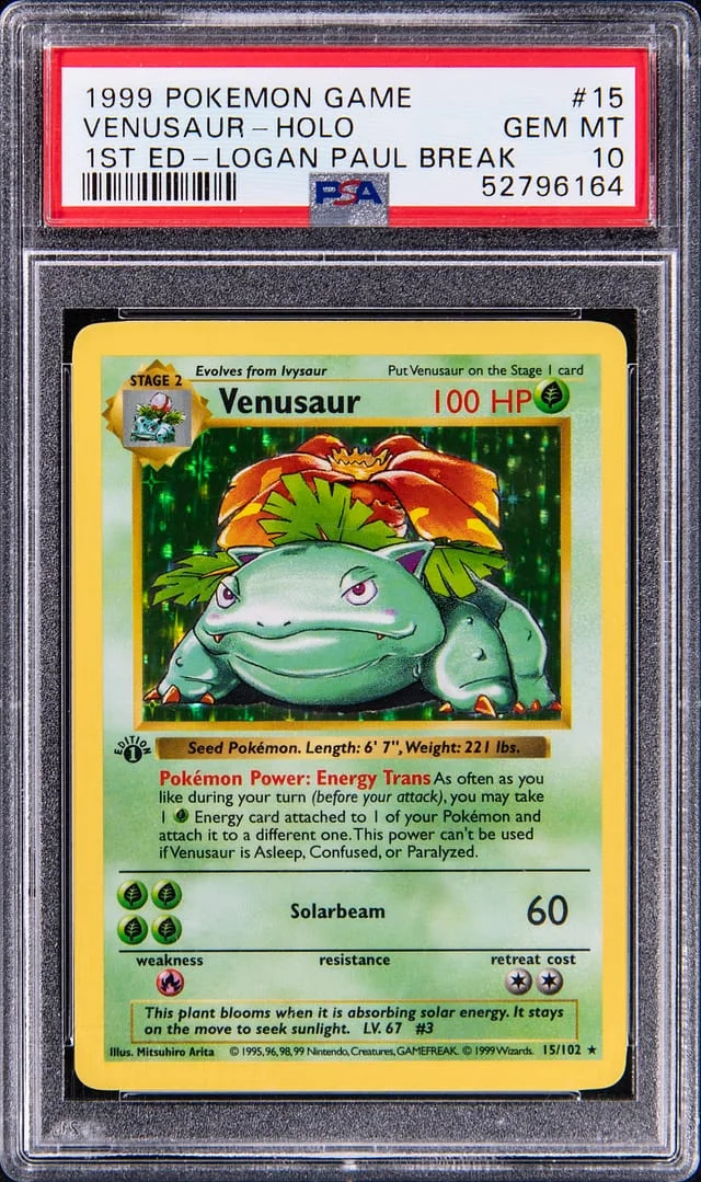 1999 Pokemon Base Set 1st Edition Rare Holo Venusaur - Logan Paul Break #15 card image