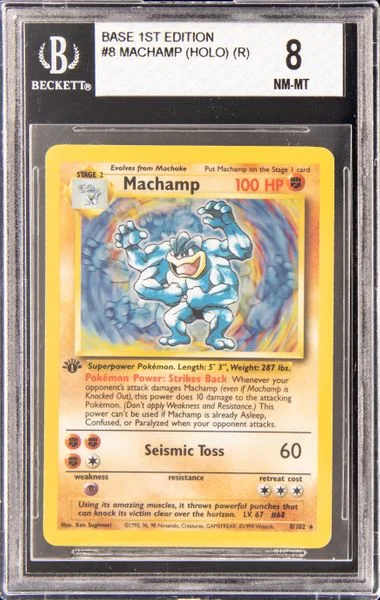 1999 Pokemon Base Set 1st Edition Rare Holofoil Machamp #8 card image