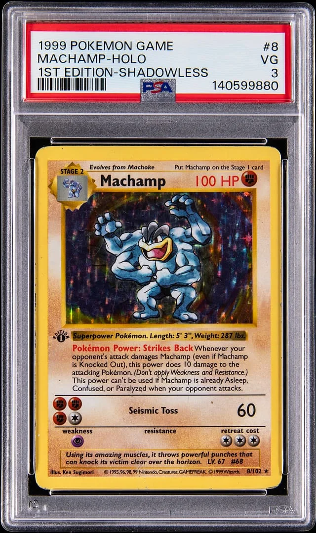 1999 Pokemon Base Set 1st Edition Shadowless Holo Machamp #8 card image