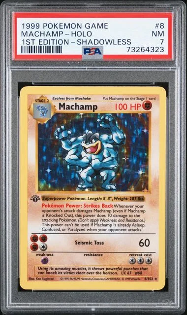 1999 Pokemon Base Set 1st Edition Shadowless Holofoil Machamp #8 card image