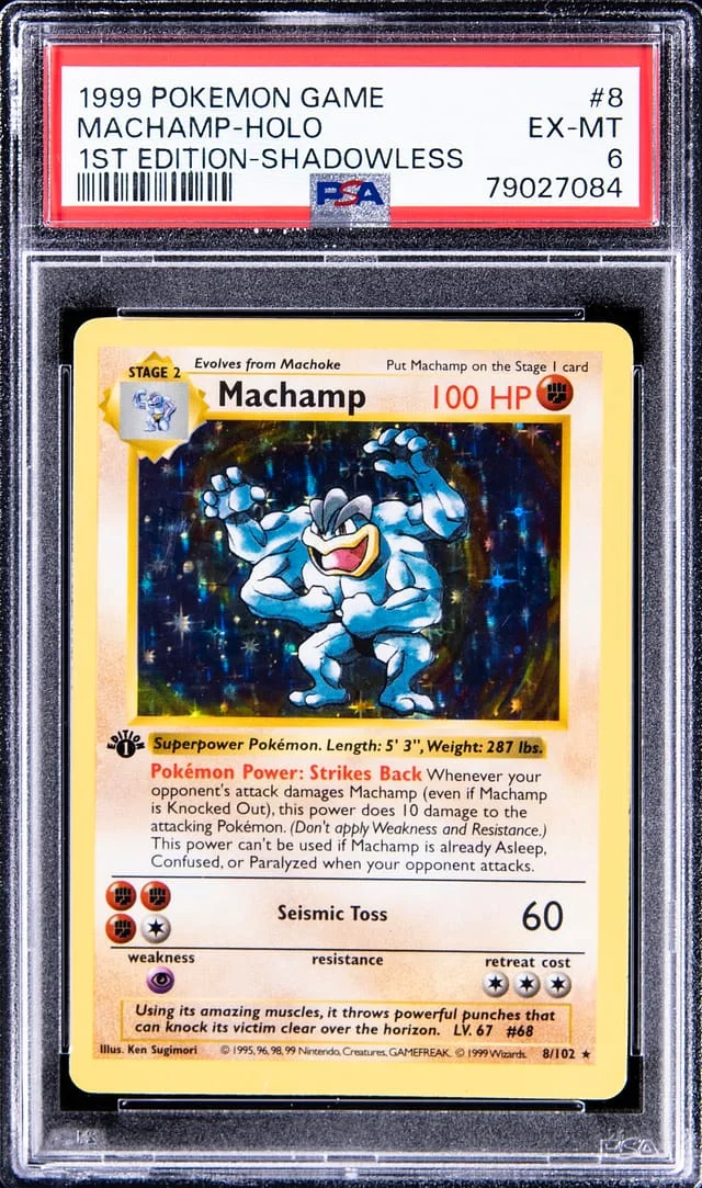 1999 Pokemon Base Set 1st Edition Shadowless Rare Holofoil Machamp #8 card image