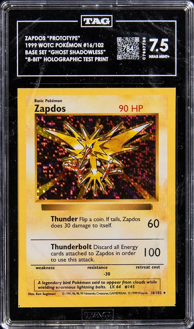 1999 Pokemon Base Set Ghost Shadowless 8-Bit Holo Test Print Prototype Zapdos #16 card image