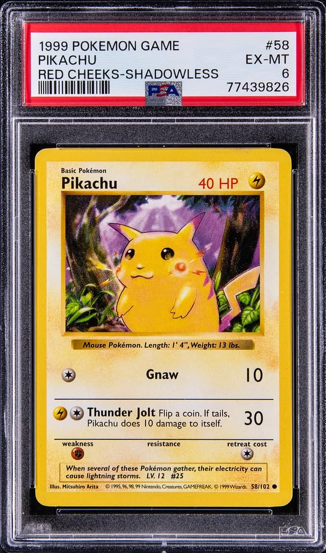 1999 Pokemon Base Set Red Cheeks Shadowless Pikachu #58 card image