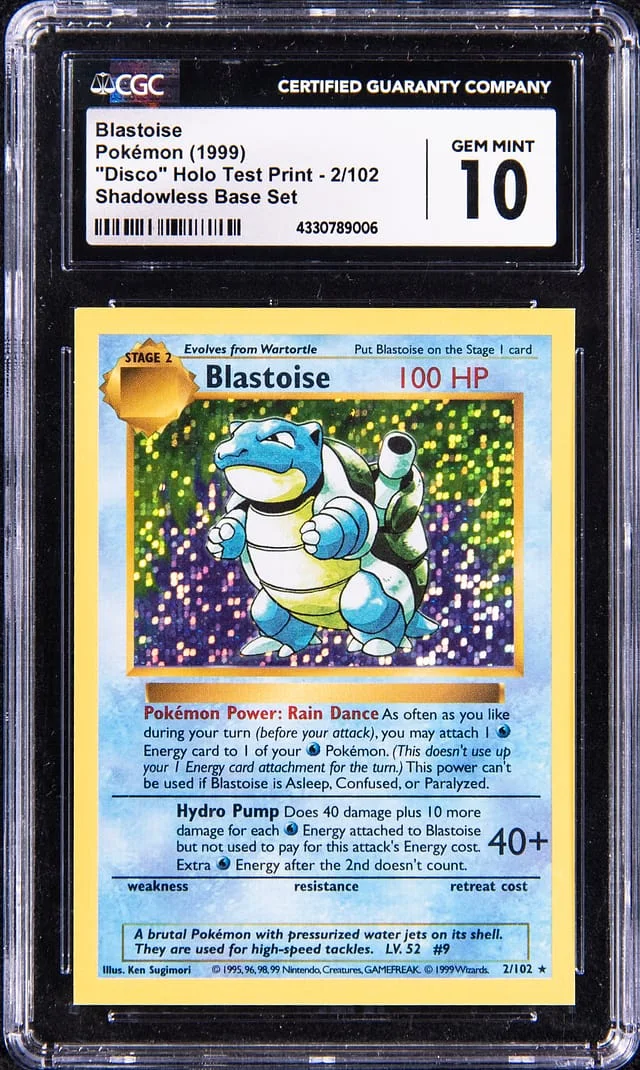 1999 Pokemon Base Set Shadowless Disco Holo Test Print Blastoise #2 card image