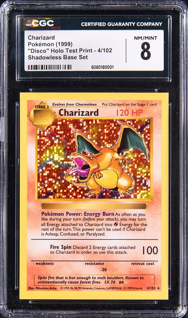 1999 Pokemon Base Set Shadowless Disco Holo Test Print Charizard #4 card image