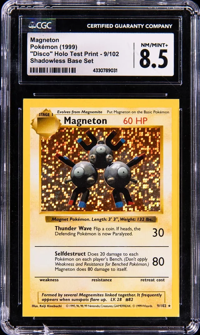 1999 Pokemon Base Set Shadowless Disco Holo Test Print Magneton #9 card image