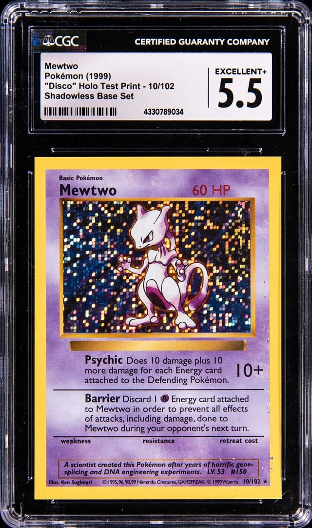 1999 Pokemon Base Set Shadowless Disco Holo Test Print Mewtwo #10 card image
