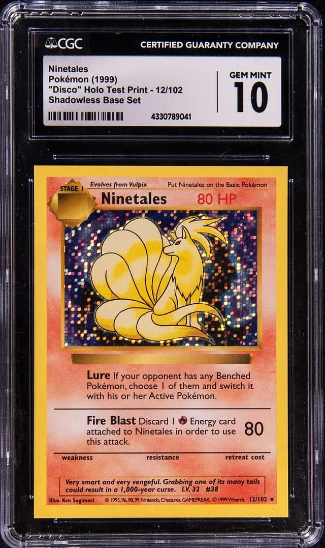 1999 Pokemon Base Set Shadowless Disco Holo Test Print Ninetales #12 card image