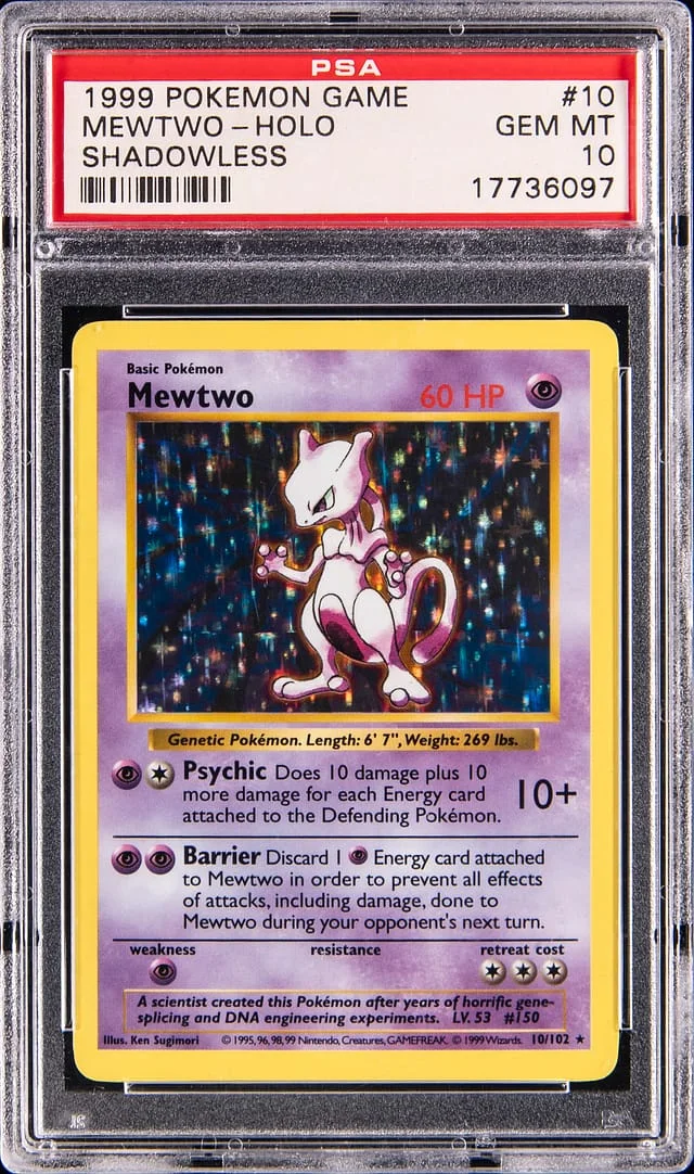1999 Pokemon Base Set Shadowless Holo Mewtwo #10 card image