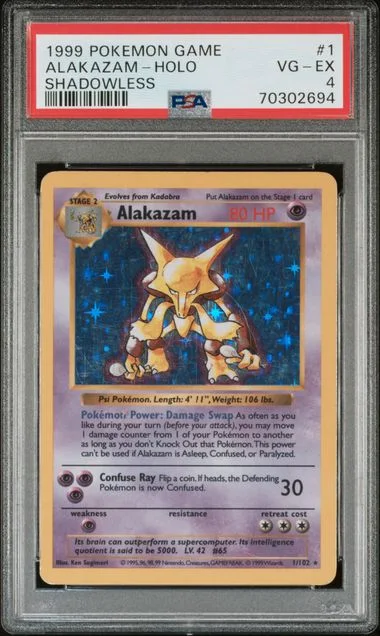 1999 Pokemon Base Set Shadowless Holofoil Alakazam #1 card image