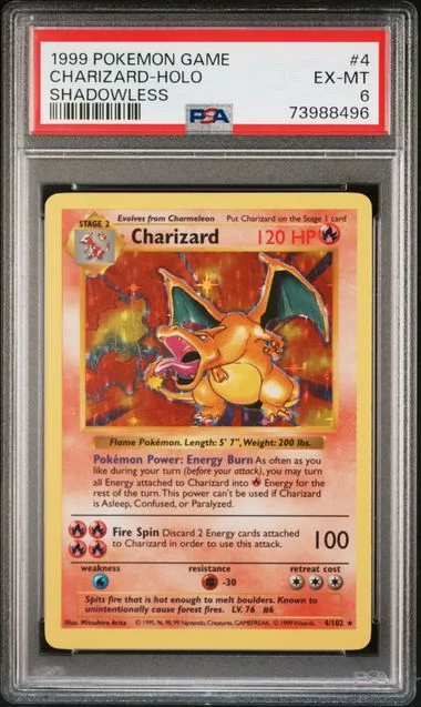 1999 Pokemon Base Set Shadowless Holofoil Charizard #4 card image