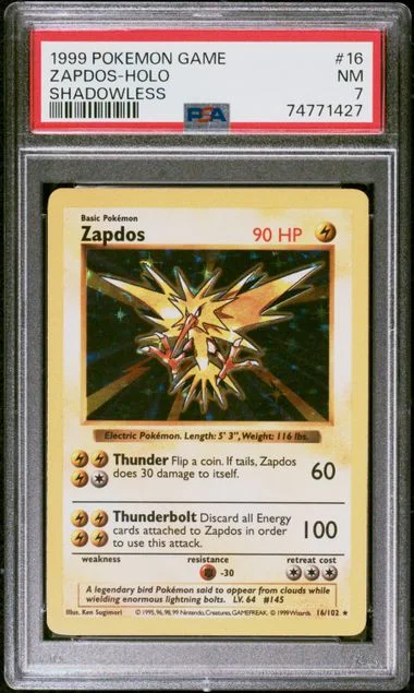 1999 Pokemon Base Set Shadowless Holofoil Zapdos #16 card image