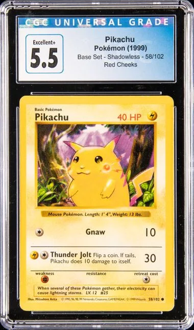 1999 Pokemon Base Set Shadowless Pikachu, Red Cheeks #58 card image
