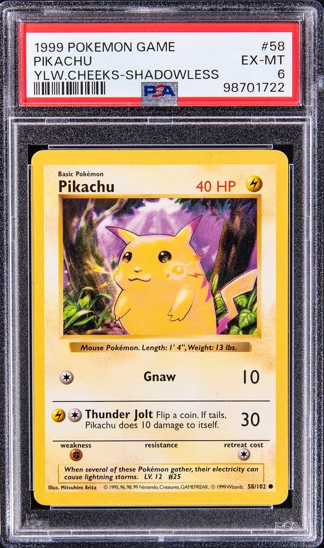 1999 Pokemon Base Set Shadowless Pikachu, Yellow Cheeks #58 card image