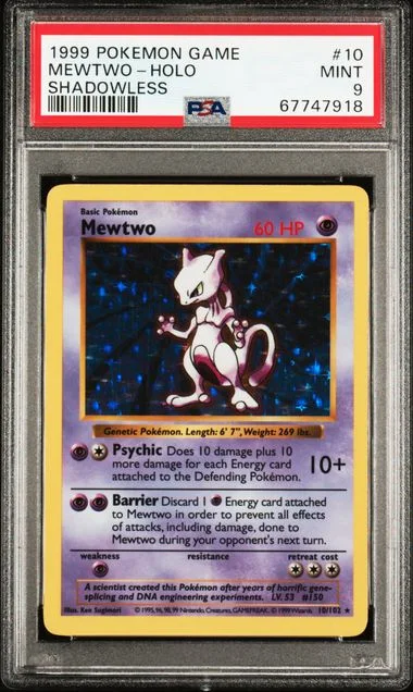 1999 Pokemon Base Set Shadowless Rare Holofoil Mewtwo #10 card image