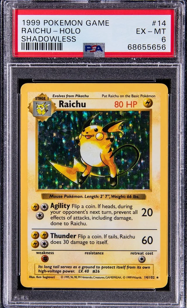 1999 Pokemon Base Set Shadowless Rare Holofoil Raichu #14 card image
