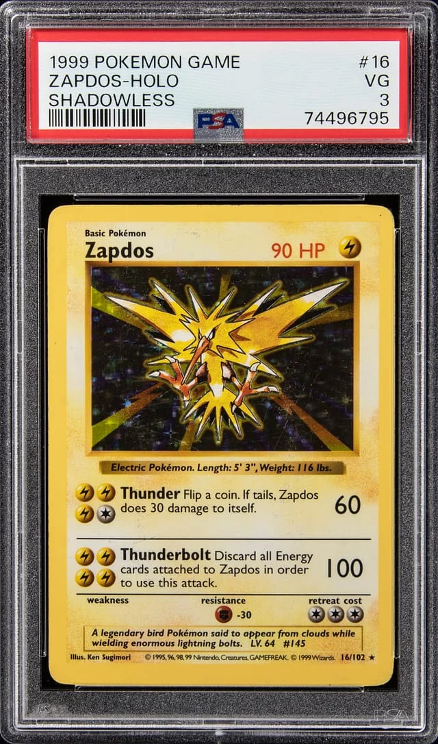 1999 Pokemon Base Set Shadowless Rare Holofoil Zapdos #16 card image