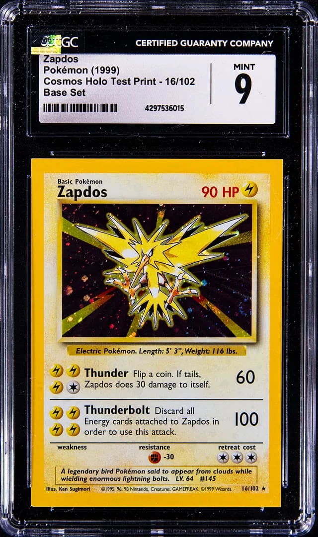 1999 Pokemon Cosmos Holo Test Print Rare Holofoil Zapdos #16 card image
