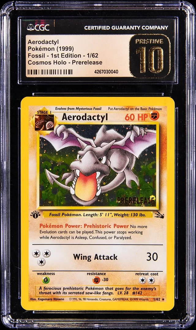1999 Pokemon Fossil 1st Edition Cosmos Holo Prerelease Aeodactyl #1 card image