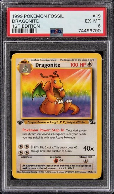 1999 Pokemon Fossil 1st Edition Dragonite #19 card image