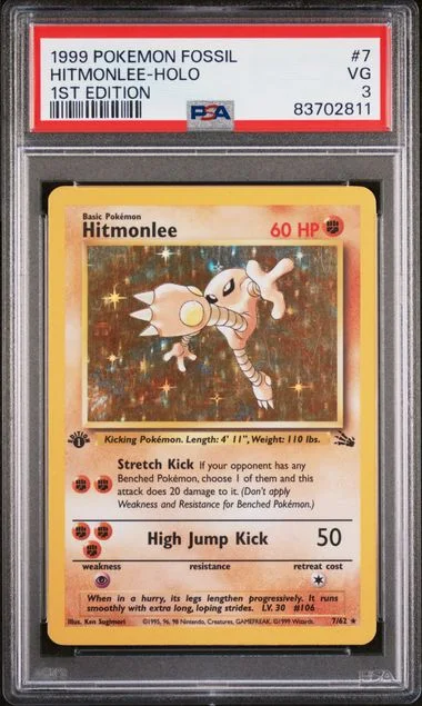 1999 Pokemon Fossil 1st Edition Hitmonlee-Holo #7 card image