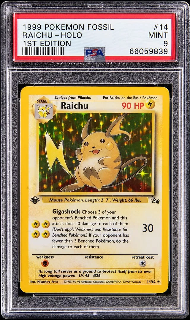 1999 Pokemon Fossil 1st Edition Holo Raichu #14 card image