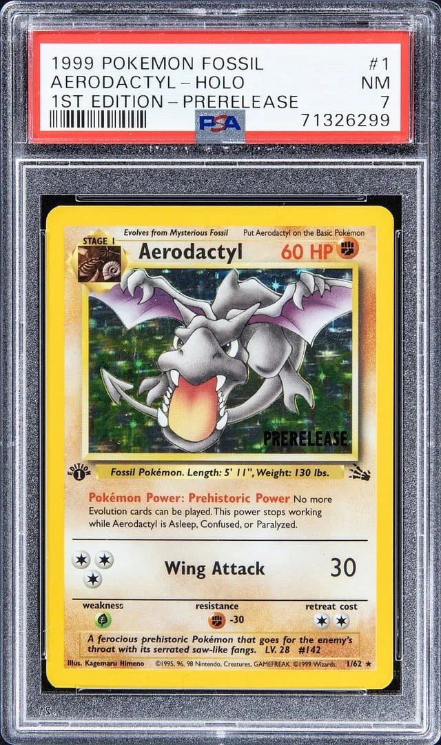 1999 Pokemon Fossil 1st Edition Prerelease Rare Holofoil Aerodactyl #1 card image
