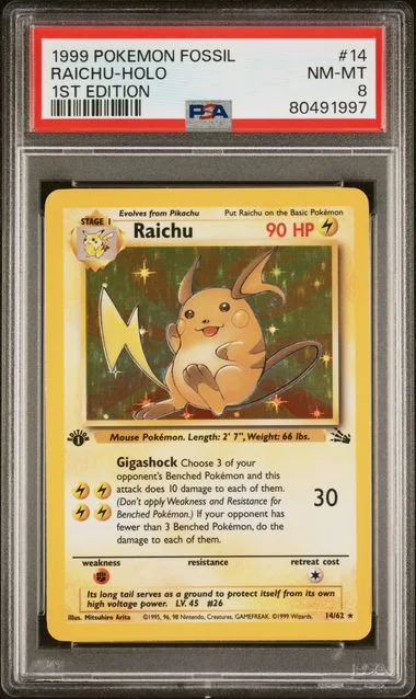 1999 Pokemon Fossil 1st Edition Raichu-Holo #14 card image