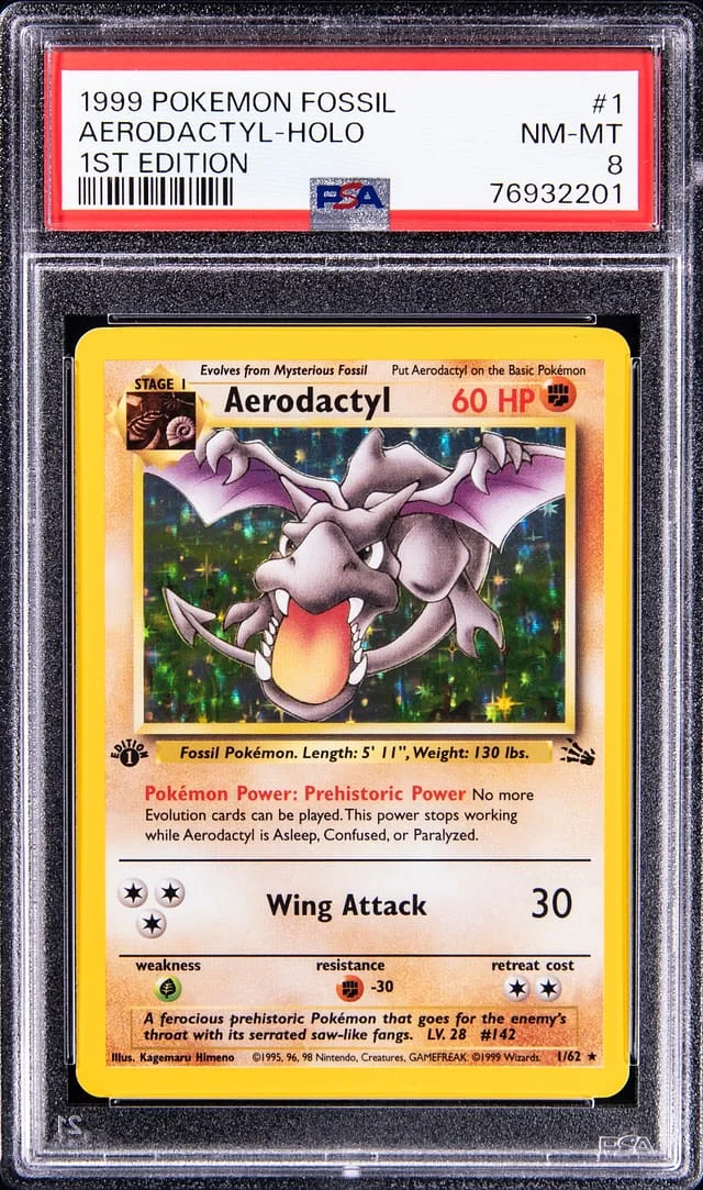 1999 Pokemon Fossil 1st Edition Rare Holofoil Aerodactyl #1 card image
