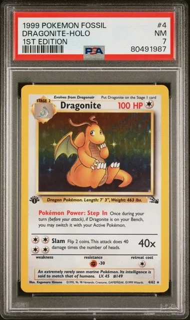 1999 Pokemon Fossil 1st Edition Rare Holofoil Dragonite #4 card image