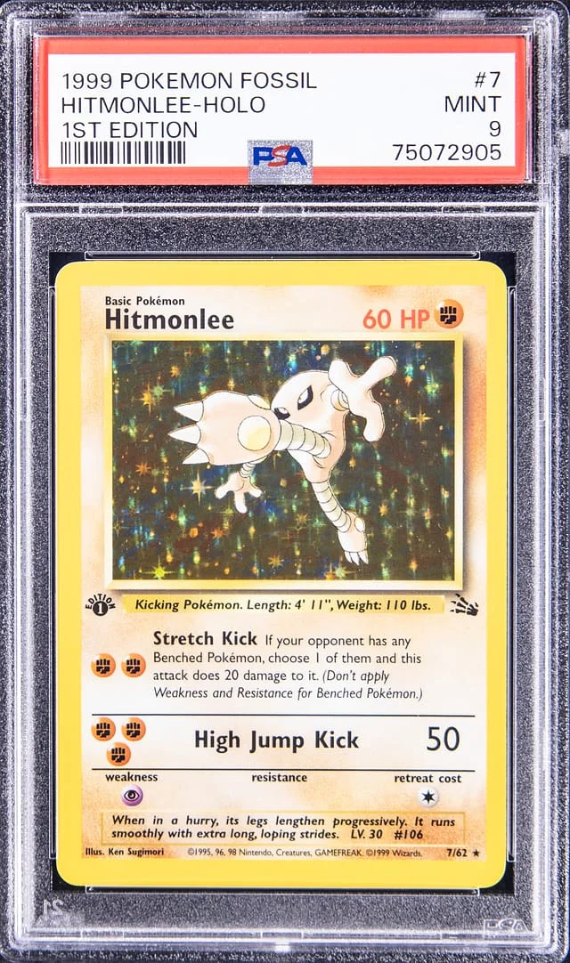 1999 Pokemon Fossil 1st Edition Rare Holofoil Hitmonlee #7 card image