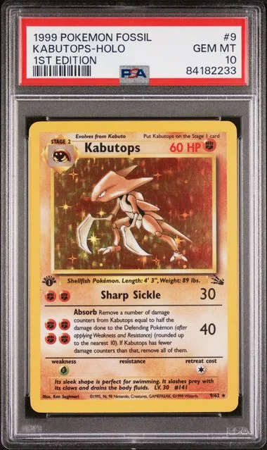 1999 Pokemon Fossil 1st Edition Rare Holofoil Kabutops #9 card image