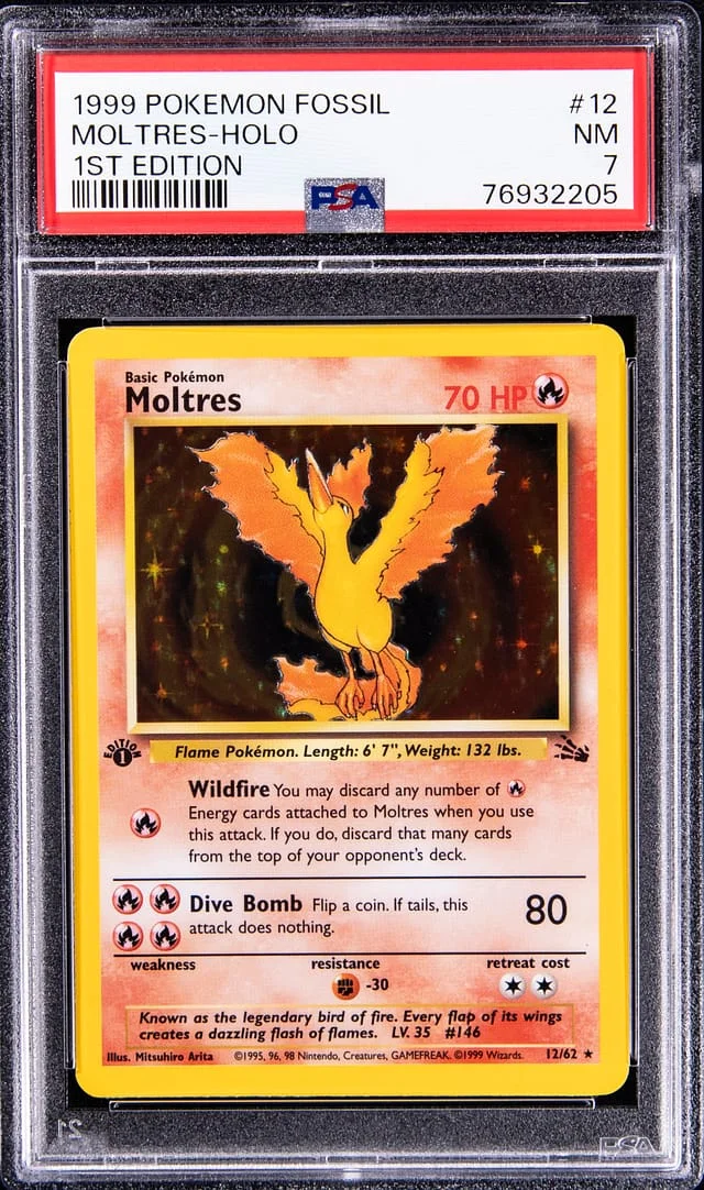 1999 Pokemon Fossil 1st Edition Rare Holofoil Moltres #12 card image
