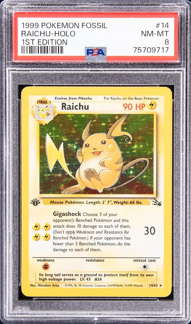 1999 Pokemon Fossil 1st Edition Rare Holofoil Raichu #14 card image