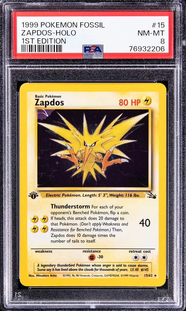 1999 Pokemon Fossil 1st Edition Rare Holofoil Zapdos #15 card image