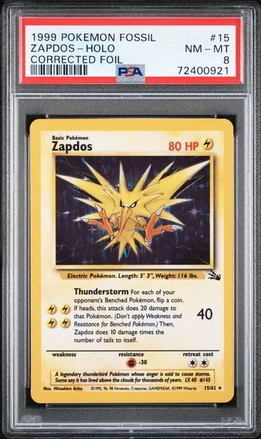 1999 Pokemon Fossil Corrected Foil Holofoil Zapdos #15 card image