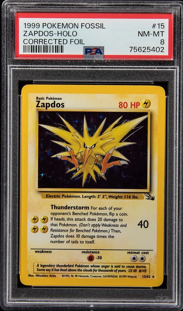 1999 Pokemon Fossil Corrected Foil Rare Holofoil Zapdos #15 card image