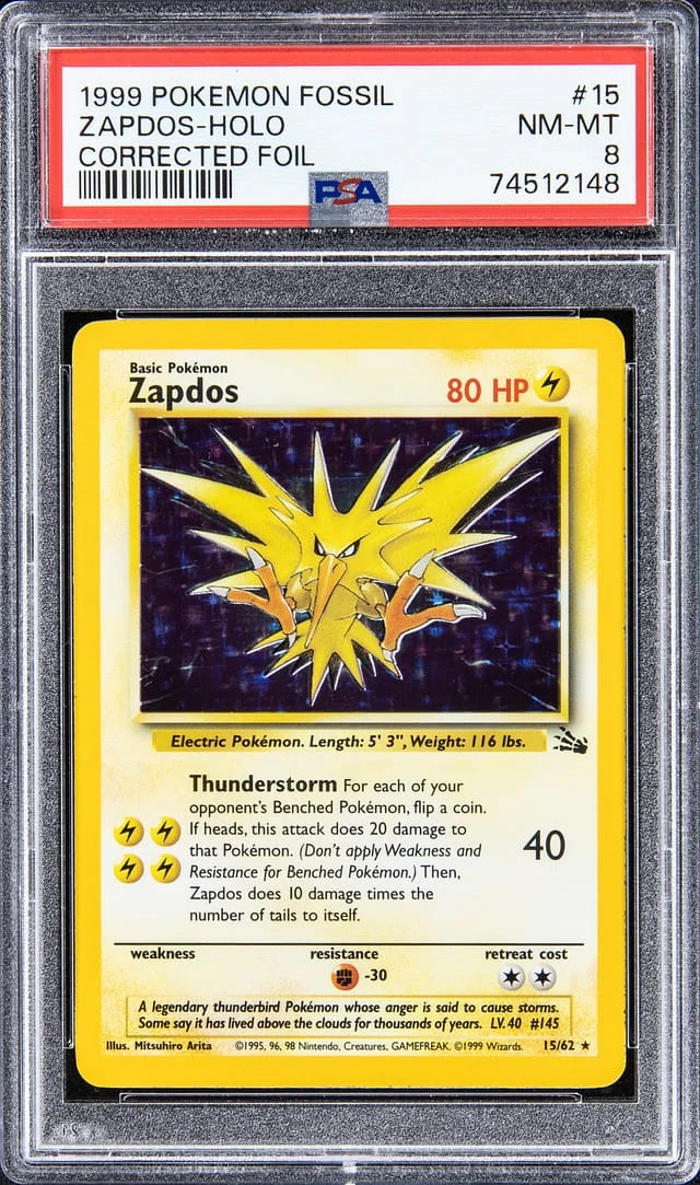 1999 Pokemon Fossil Corrected Rare Holofoil Zapdos #15 card image