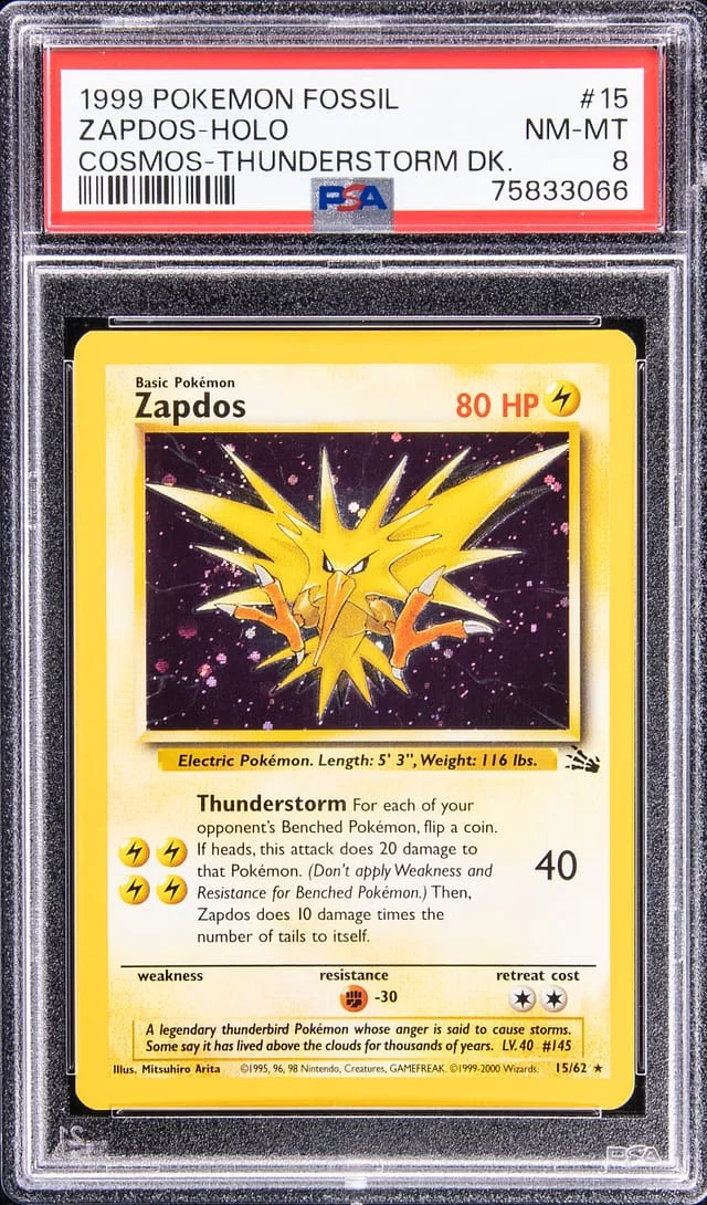 1999 Pokemon Fossil Cosmos Thunderstorm Deck Rare Holofoil Zapdos #15 card image