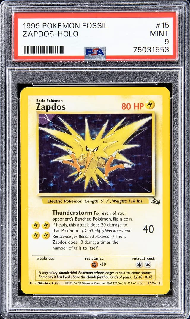 1999 Pokemon Fossil Error Rare Holofoil Zapdos #15 card image