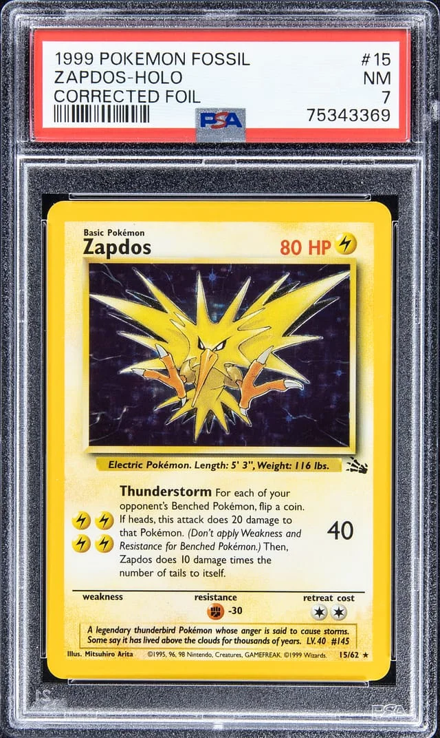 1999 Pokemon Fossil Holofoil - Corrected Foil Zapdos #15 card image